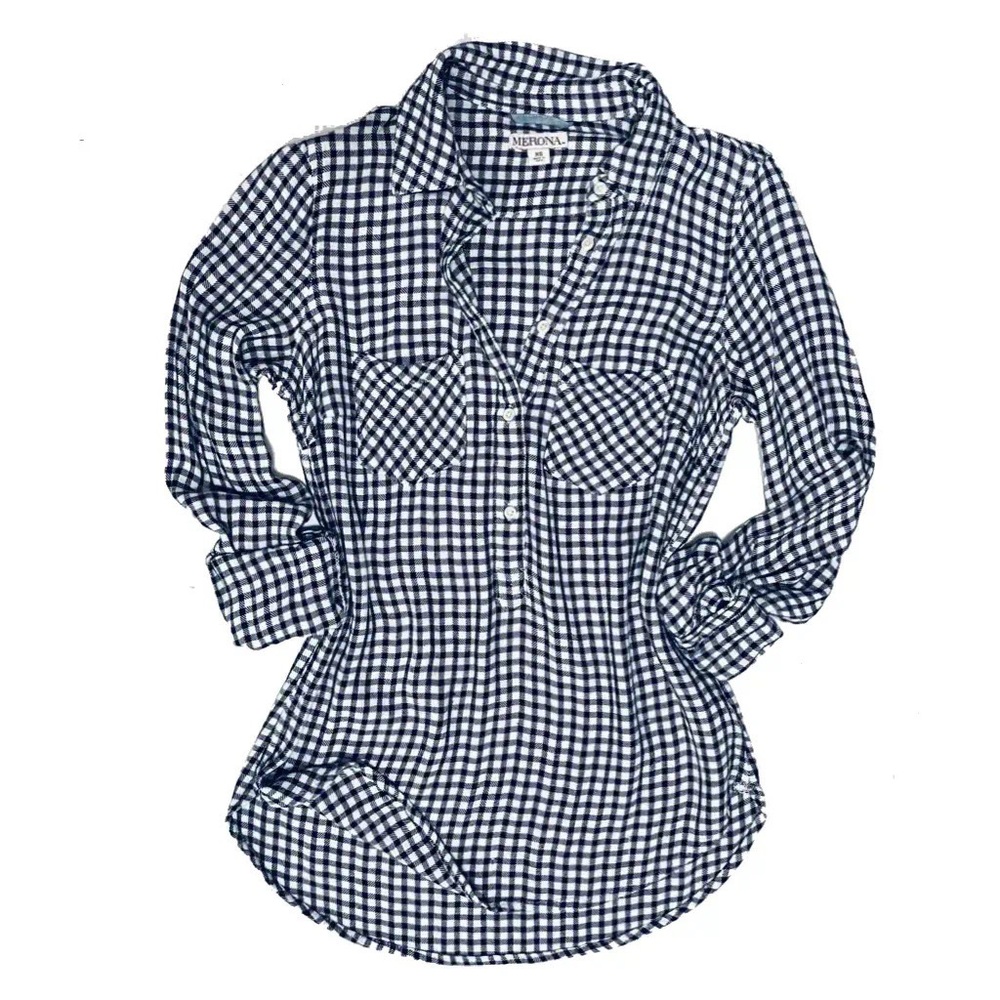 Merona Target black & white plaid half button down collared flannel blouse XS